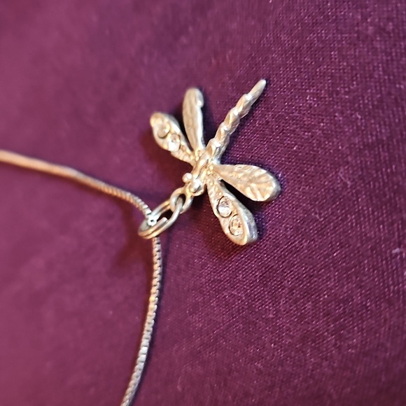 925 Vintage Sterling Silver Dragonfly Pendant Necklace With Rhinestones - Picture 2 of 5